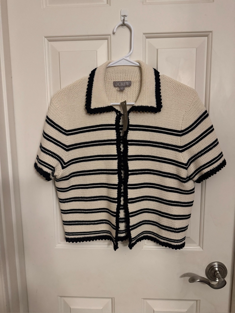 J. Crew Cream and Black Striped Short-Sleeve Cardigan